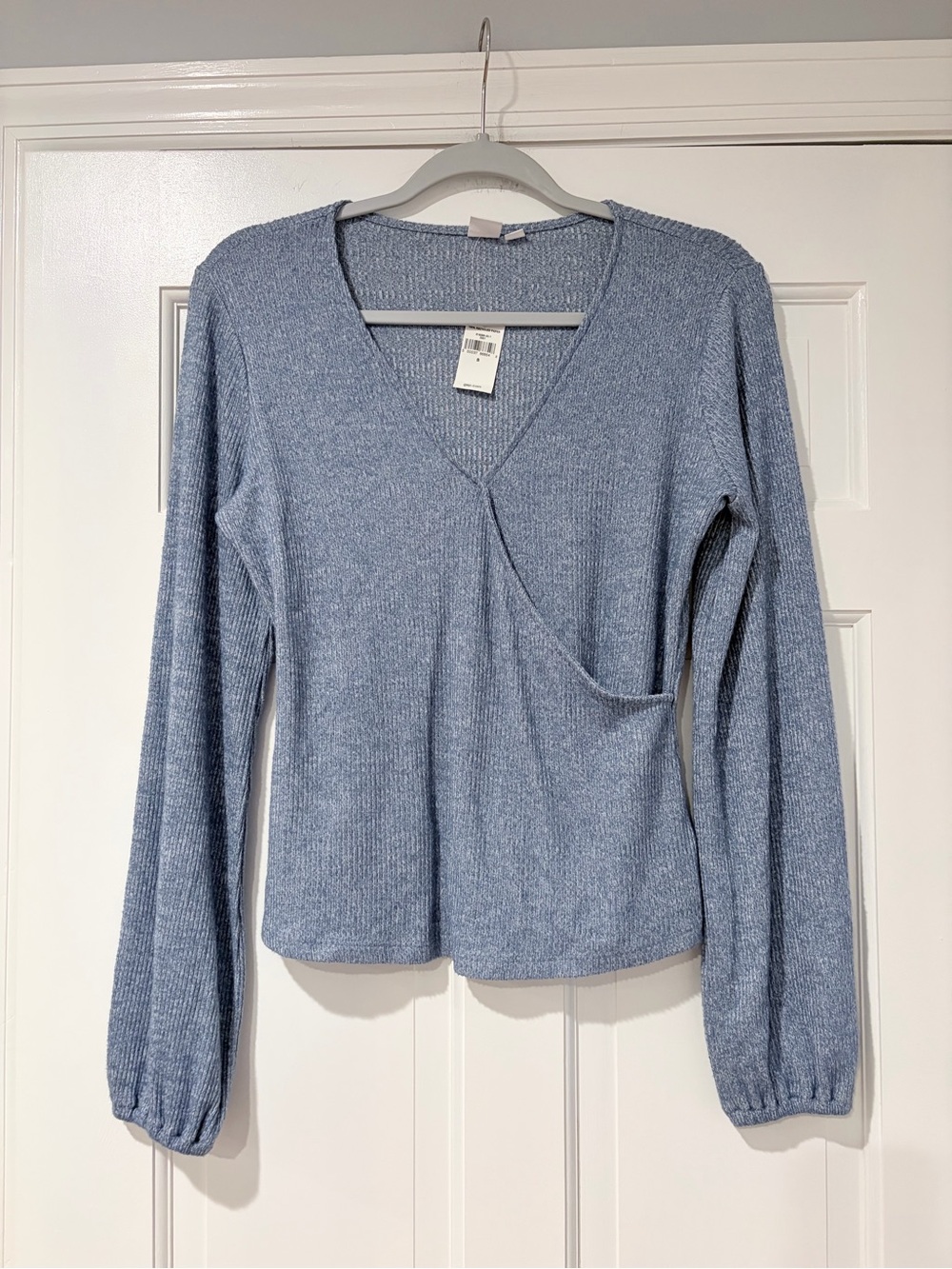 GAP Blue Marled Ribbed Wrap Front Long Sleeve Top Size Small NW